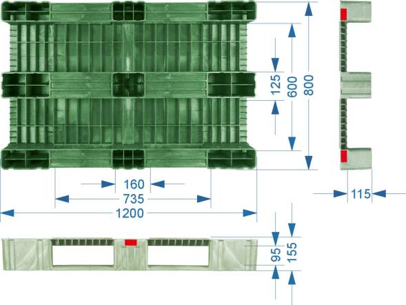 Паллет (поддон) пластиковый сплошной усиленный на 3-х полозьях, 1200x800х150 мм, красный [1200800150-00]